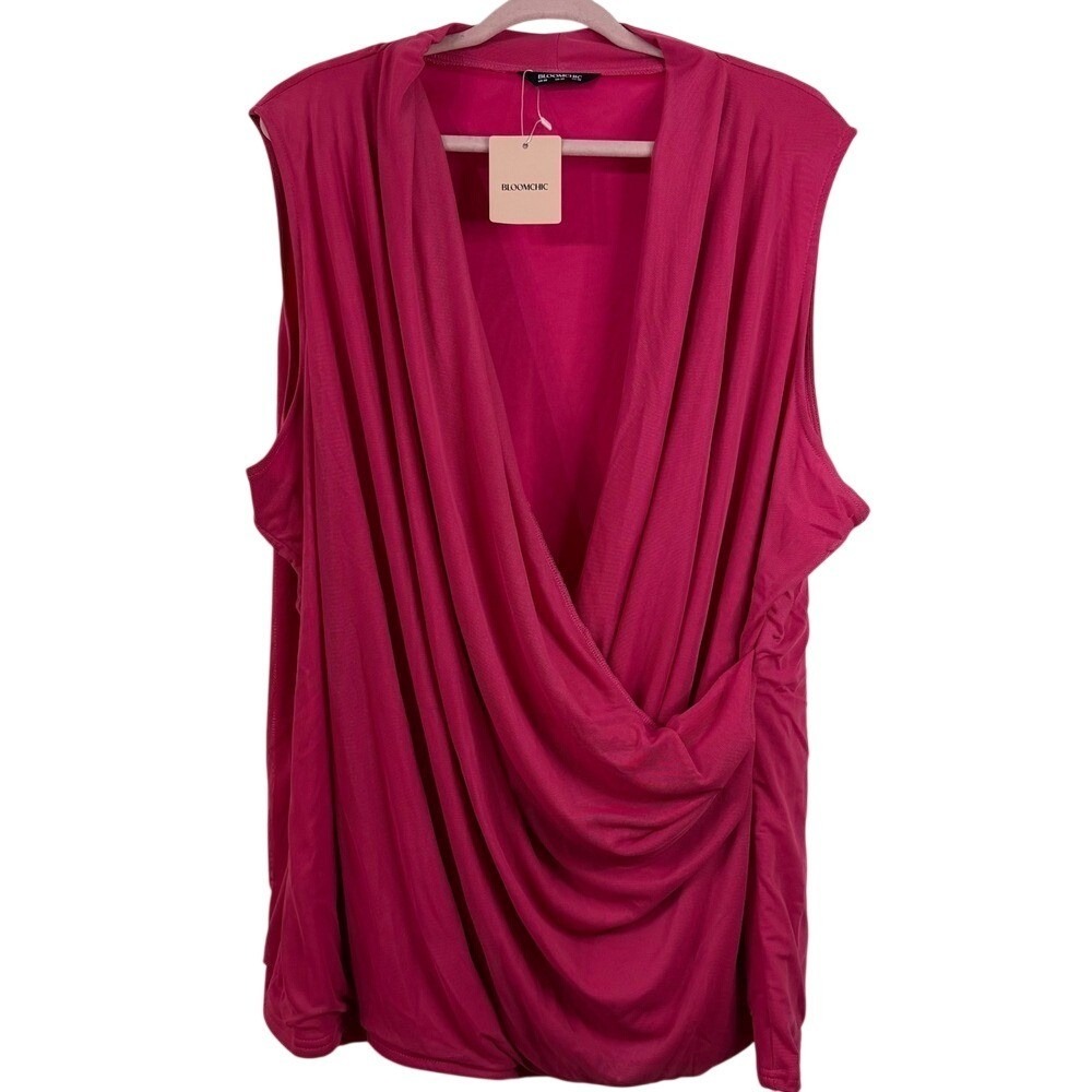 BloomChic Surplice Top Women 28 Pink Sleeveless Draped Mesh V-Neck Blouse
